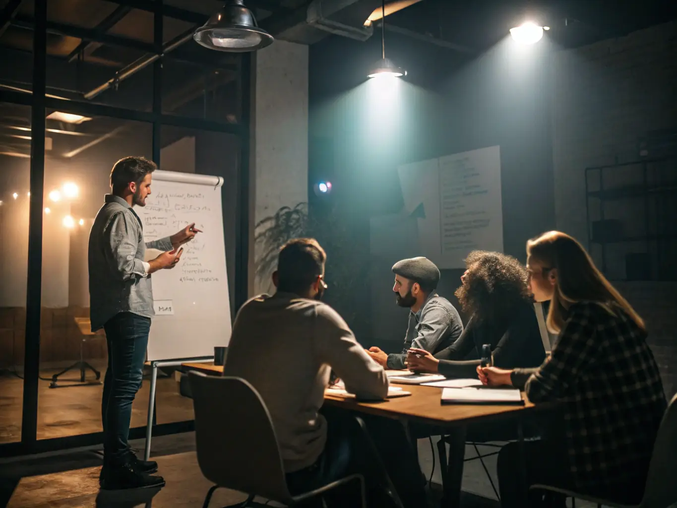 An image of a business mentor guiding a team through a scaling strategy session, using visual aids and charts to illustrate growth projections, set against the backdrop of Cape Town's Table Mountain.