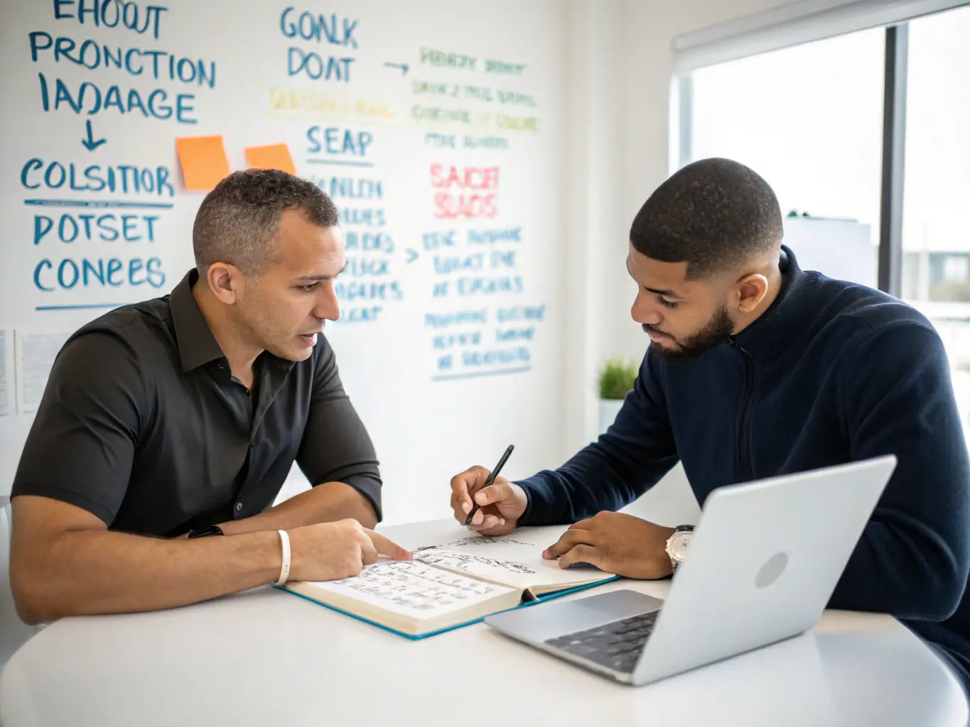 An image of a business coach in a modern office setting, working with a South African entrepreneur, reviewing strategic growth plans on a tablet, with Johannesburg skyline visible in the background.