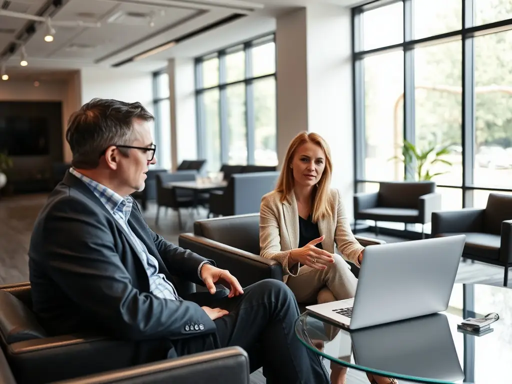 A professional business coach in a modern office setting, reviewing financial documents with a client, both smiling and engaged in a positive discussion about business growth strategies.