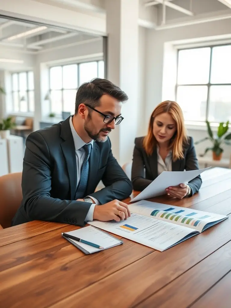 A professional South African business coach in a modern office, reviewing financial reports with a client, both smiling and engaged in a positive discussion about business growth strategies.