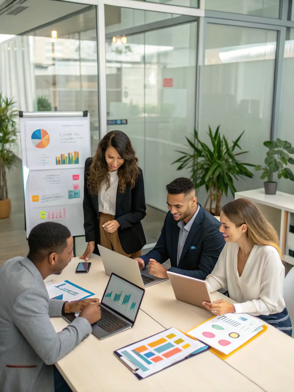 A diverse team of South African business professionals collaborating around a table, brainstorming innovative marketing strategies for a local brand.