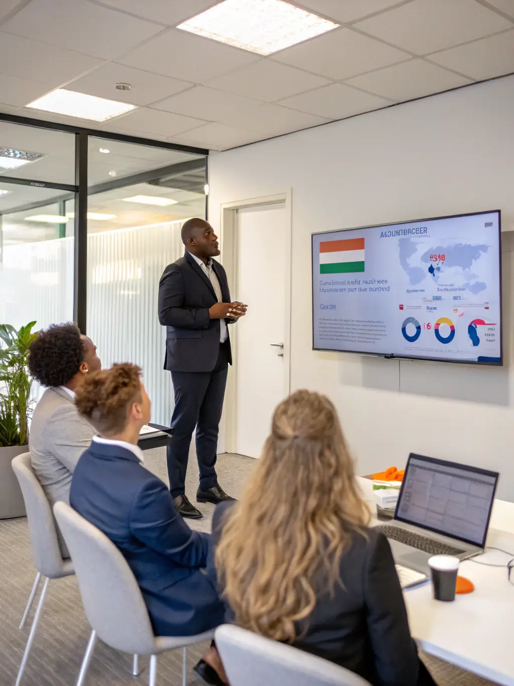A South African entrepreneur confidently presenting a business plan to potential investors, showcasing growth projections and market analysis.