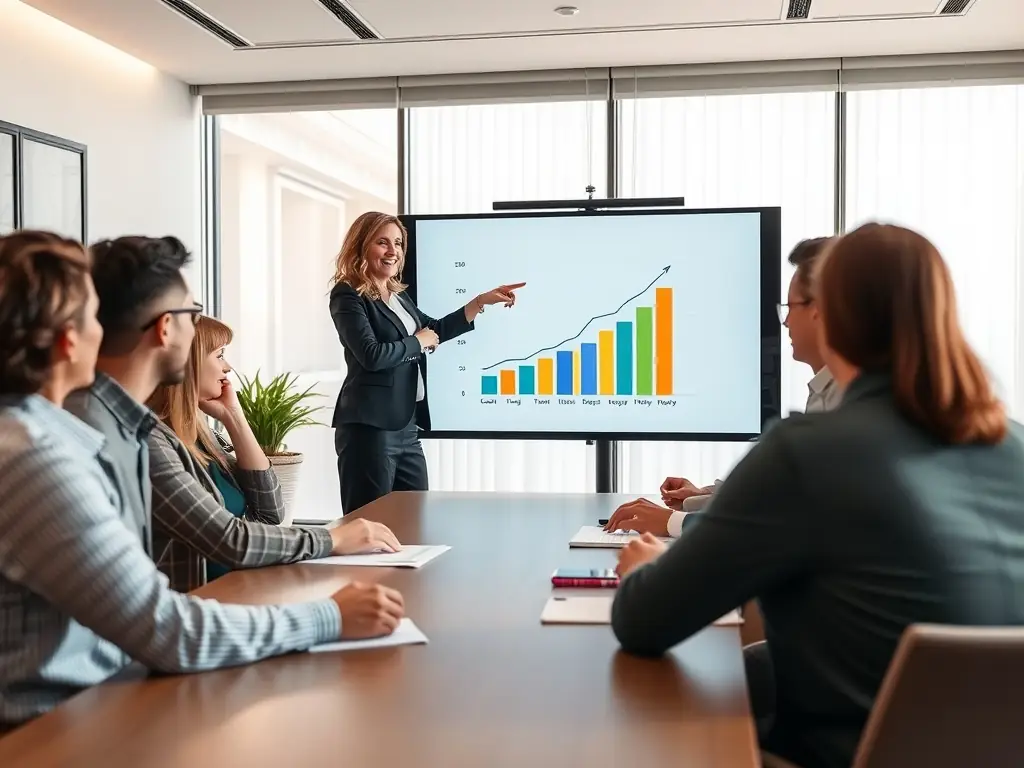 A business owner confidently presenting a successful project to their team, showcasing the positive outcomes of Bellerstack's coaching and the achievement of strategic business goals.